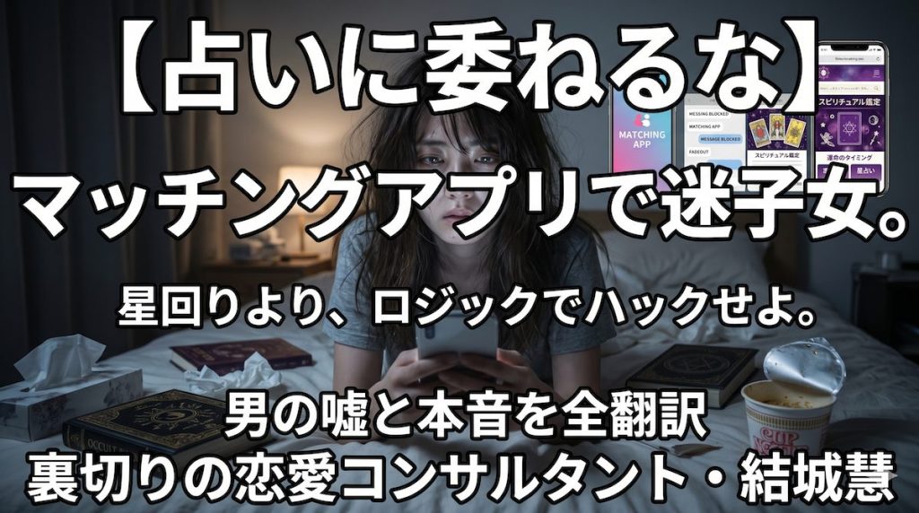 薄暗い部屋でスマートフォンのマッチングアプリ画面と占いサイトを虚ろな目で見つめる女性
