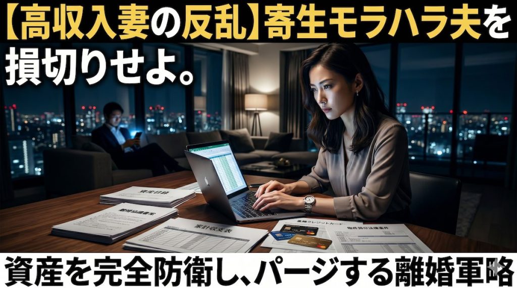 パワーカップルの高収入妻がモラハラ夫の浪費明細と財産分与の資料を見比べながら離婚準備をする様子