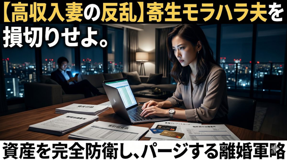 パワーカップルの高収入妻がモラハラ夫の浪費明細と財産分与の資料を見比べながら離婚準備をする様子