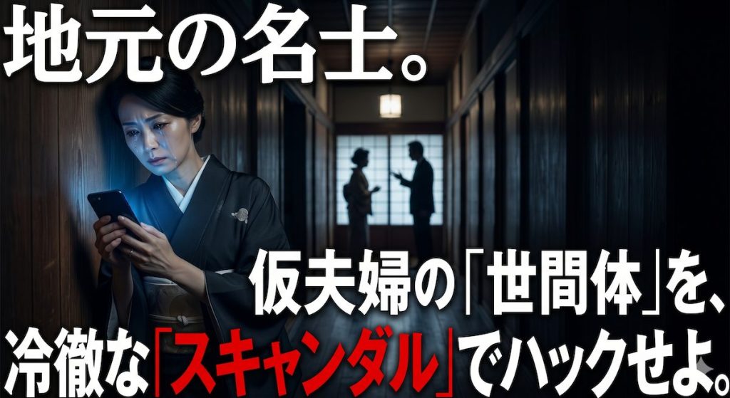 豪華な日本家屋の暗い廊下で、義両親と夫の会話を録音しながら冷たい壁に背を預ける名家の妻