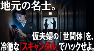 豪華な日本家屋の暗い廊下で、義両親と夫の会話を録音しながら冷たい壁に背を預ける名家の妻